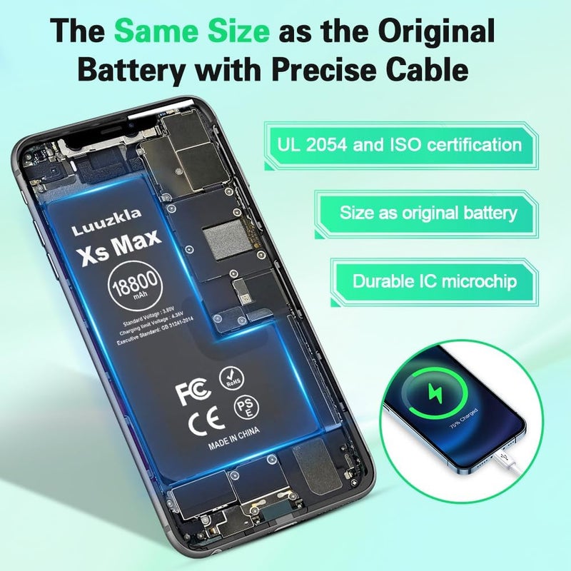 Luuzkla بطارية بسعة 18800mAh (ترقية جديدة 2025) متوافقة مع آيفون XS MAX، بطارية بديلة بسعة فائقة متوافقة مع آيفون XS MAX، مع مجموعة أدوات كاملة - 0 دورة سعة عالية - خدمة لمدة 24 شهرًا - Image 4